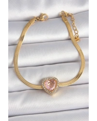 316L Çelik Gold Renk İtalyan Zincir Pembe Zirkon Taşlı Kalp Model Kadın Bileklik