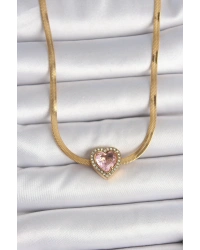 316L Çelik Gold Renk İtalyan Zincir Pembe Zirkon Taşlı Kalp Model Kadın Kolye