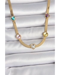 316L Çelik Gold Renk İtalyan Zincir Renkli Zirkon Taşlı Kalp Figür Kadın Kolye