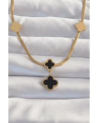 316L Çelik Gold Renk İtalyan Zincirli Mineli Yonca Kolye