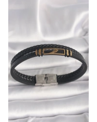 316L Çelik Gold Renk Kanat Aksesuarlı Siyah Burgu Model Deri Kordon Erkek Bileklik