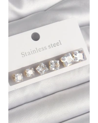 316L Çelik Gold Renk Kare Zirkon Taş Model Kadın Küpe Seti