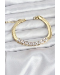 316L Çelik Gold Renk Kare Zirkon Taşlı Yılan Zincirli Kadın Bileklik