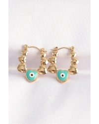 316L Çelik Gold Renk Mavi Nazarlı Kalpli Model Küpe