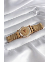 316L Çelik Gold Renk Mıknatıslı Hasır Zirkon Taşlı Çeyrek Altın Model Kadın Bileklik