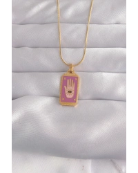 316L Çelik Gold Renk Mor Mineli El Figür Tarot Kolye