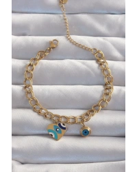 316L Çelik Gold Renk Nazarlı Kalp Model Zincir Bileklik