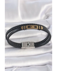 316L Çelik Gold Renk Örümcek Figür Çift Sıra Burgu Desenli Deri Kordon Erkek Bileklik