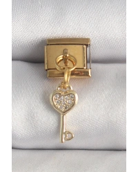 316L Çelik Gold Renk Sallantı Zirkon Taşlı Kalpli Anahtar Model Nomination Charm