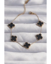 316L Çelik Gold Renk Siyah Mineli Yonca Bileklik