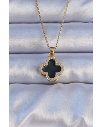 316L Çelik Gold Renk Siyah Mineli Zirkon Taşlı Yonca Figürlü Kolye