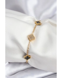 316L Çelik Gold Renk Siyah ve Zirkon Taşlı Baby Boy Yonca Kadın Bileklik