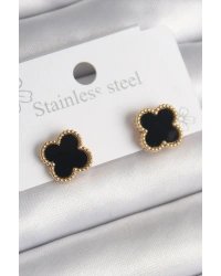 316L Çelik Gold Renk Siyah Yonca Model Kadın Küpe