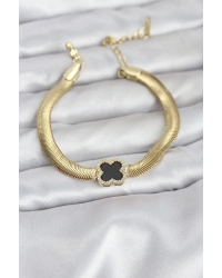 316L Çelik Gold Renk Siyah Yonca Model Zirkon Taşlı Yılan Zincirli Kadın Bileklik