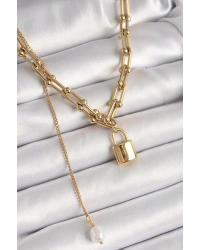 316L Çelik Gold Renk Tifany Zincir Model Kilit Figür Sallantı İnci Detay Kadın Kolye