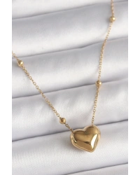 316L Çelik Gold Renk Topçuk Detaylı Zincir Kalp Model Kadın Kolye