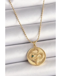 316L Çelik Gold Renk Topçuk Zincir Yılan İşlemeli Zirkon Taş Detaylı Madalyon Model Kadın Kolye