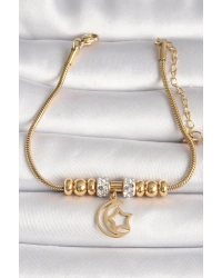 316L Çelik Gold Renk Tüp Zincir Zirkon Taş Detaylı Sallantı Ay Yıldız Figür Kadın Bileklik