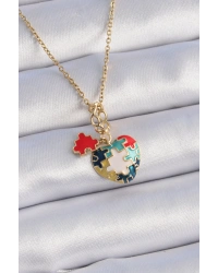 316L Çelik Gold Renk Yapboz Motif Kalp Figür Charm Model Kadın Kolye