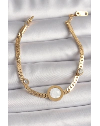 316L Çelik Gold Renk Yassı Zincir Model Zirkon Taş Detaylı Beyaz Mineli Madalyon Model Kadın Bileklik
