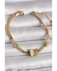 316L Çelik Gold Renk Yassı Zincir Zirkon Taşlı Simli Kelebek Figür Kadın Bileklik