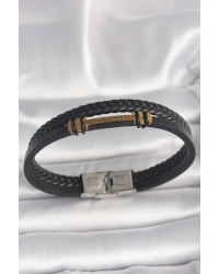 316L Çelik Gold Renk ZikZak İşlemeli Aksesuarlı Çift Sıra Burgu Desenli Deri Kordon Erkek Bileklik