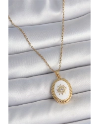 316L Çelik Gold Renk Zincir Beyaz Mineli Güneş İşlemeli Zirkon Taş Detaylı Madalyon Model Kadın Kolye