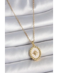 316L Çelik Gold Renk Zincir Beyaz Mineli Kutup Yıldız İşlemeli Madalyon Model Kadın Kolye