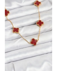 316L Çelik Gold Renk Zincir Bordo Yonca Kadın Kolye