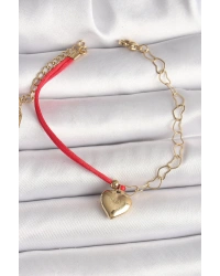 316L Çelik Gold Renk Zincir Kırmızı İp Model Sallantı Kalp Figür İşleme Detaylı Kadın Bileklik