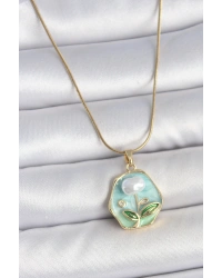 316L Çelik Gold Renk Zincir Mavi Çiçek İşlemeli İnci İşlemeli Portre Model Kadın Kolye