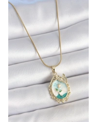 316L Çelik Gold Renk Zincir Mavi Mineli Çiçek İşlemeli Zirkon Taş Detaylı Portre Model Kadın Kolye