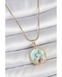 316L Çelik Gold Renk Zincir Mavi Mineli İnci Çiçek İşlemeli Zirkon Taş Detaylı Madalyon Model Kadın Kolye