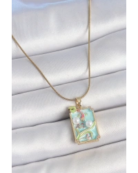 316L Çelik Gold Renk Zincir Mavi Mineli İncili Çiçek İşlemeli Portre Model Kadın Kolye