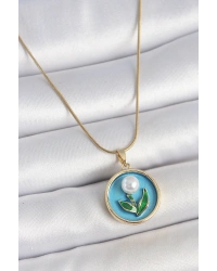 316L Çelik Gold Renk Zincir Mavi Mineli İncili Çiçek İşlemeli Portre Model Kadın Kolye