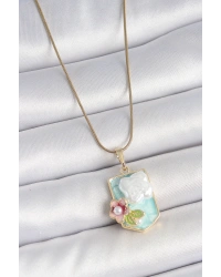 316L Çelik Gold Renk Zincir Mavi Mineli İncili Çiçek İşlemeli Portre Model Kadın Kolye