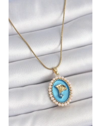 316L Çelik Gold Renk Zincir Mavi Mineli İncili Zirkon Taşlı Çiçek İşlemeli Portre Model Kadın Kolye