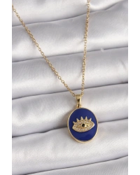 316L Çelik Gold Renk Zincir Mavi Mineli Zirkon Taşlı Göz İşleme Kadın Kolye