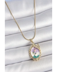 316L Çelik Gold Renk Zincir Mix Renk Mineli Çiçek İşlemeli Zirkon Taş Detaylı Portre Model Kadın Kolye