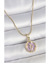 316L Çelik Gold Renk Zincir Mor Mineli Çiçek İşlemeli Portre Model Kadın Kolye