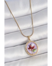 316L Çelik Gold Renk Zincir Mor Mineli İncili Çiçek İşlemeli Portre Model Kadın Kolye