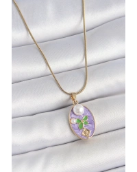 316L Çelik Gold Renk Zincir Mor Mineli Oval İncili Çiçek İşlemeli Portre Model Kadın Kolye