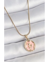 316L Çelik Gold Renk Zincir Pembe Mineli Çiçek İşlemeli Portre Model Kadın Kolye
