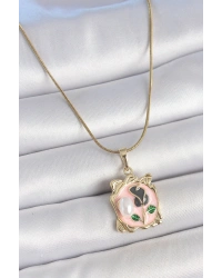 316L Çelik Gold Renk Zincir Pembe Mineli Çiçek İşlemli İnci Detay Portre Model Kadın Kolye