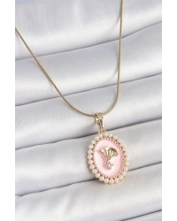 316L Çelik Gold Renk Zincir Pembe Mineli İncli Zirkon Taşlı Çiçek İşlemeli Portre Model Kadın Kolye