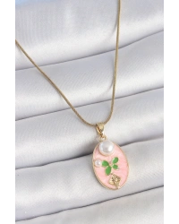 316L Çelik Gold Renk Zincir Pembe Mineli Oval İncili Çiçek İşlemeli Portre Model Kadın Kolye