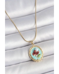 316L Çelik Gold Renk Zincir Turkuaz Mineli İncili Çiçek İşlemeli Portre Model Kadın Kolye