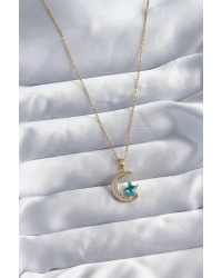 316L Çelik Gold Renk Zincir Zirkon Taş Detay Hilal Yıldızı Figür Kadın Kolye