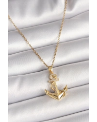 316L Çelik Gold Renk Zincir Zirkon Taş Detaylı Çapa Model Kadın Kolye