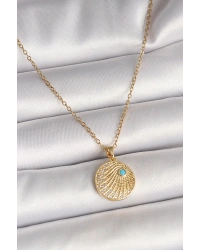 316L Çelik Gold Renk Zincir Zirkon Taş İşlemeli Mavi Taş Detaylı Madalyon Model Kadın Kolye